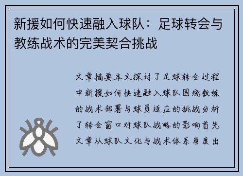 新援如何快速融入球队：足球转会与教练战术的完美契合挑战